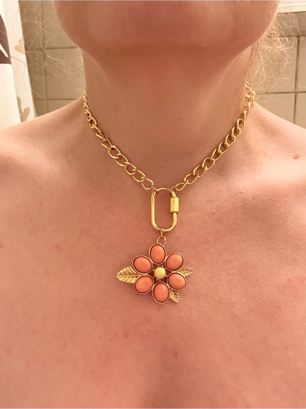 Hand-crafted Gold Chain Necklace with Coral Flower Pendant - Women Jewelry